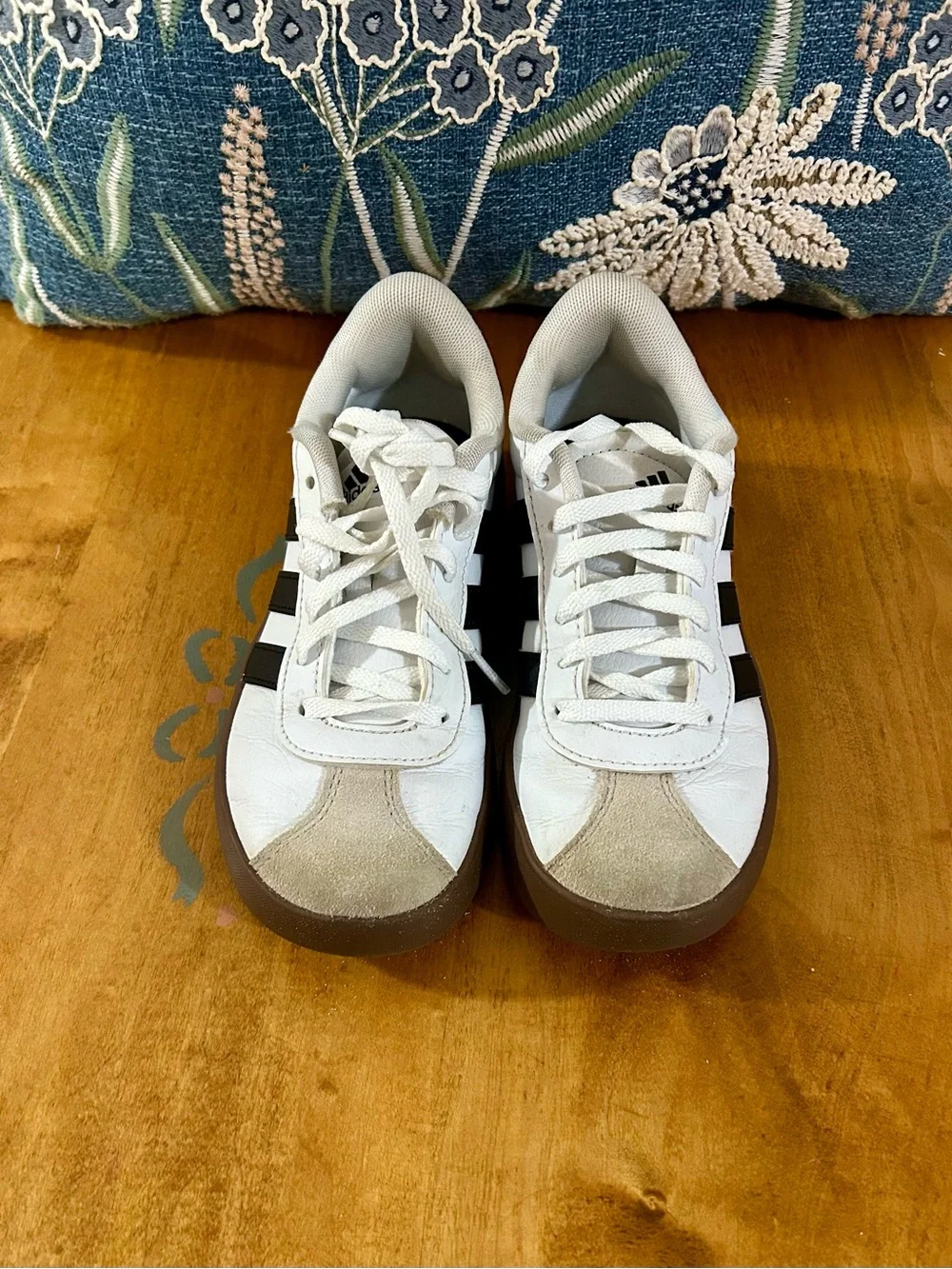 adidas Kids White Sneakers with Black Stripes and Brown Outsole